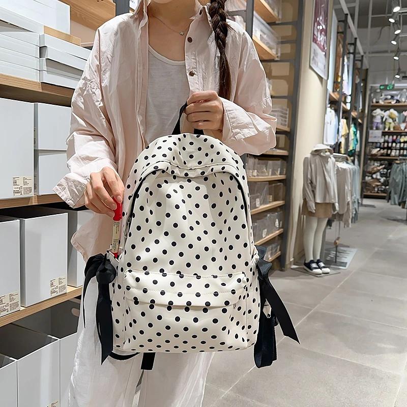 New Casual Popularity Dots Nyl Large Capacity Backpacks 2026 High Quality Cute Bow Fresh Retro Portable School Bags for Women