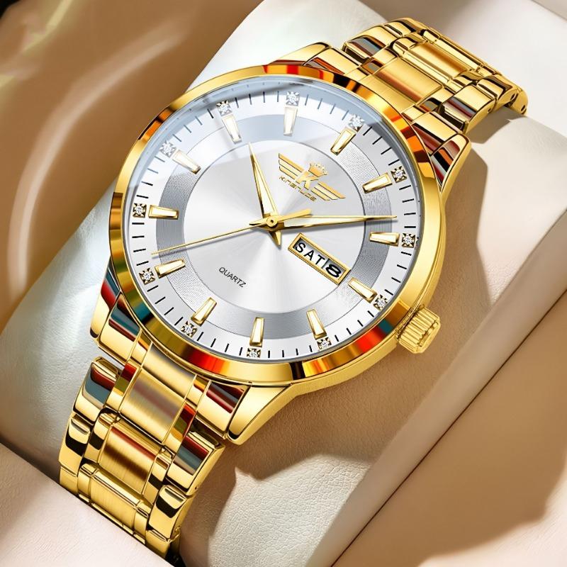 Top Brand New Men's Steel Band Waterproof Quartz Double Calendar Watch Luminous Scale Cross-Business Wristwatch