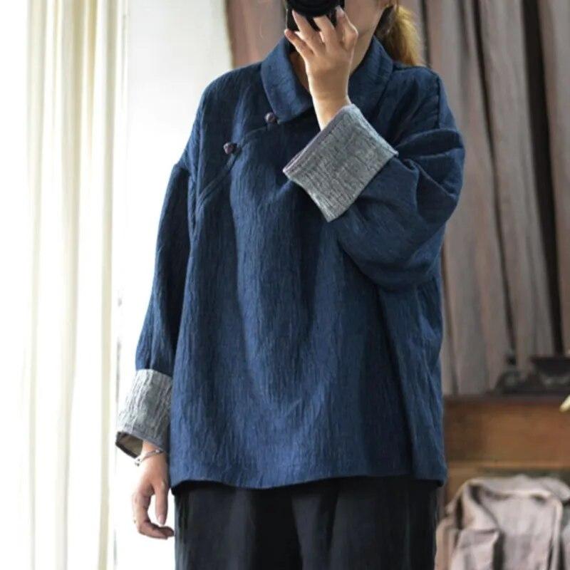 Johnature Linen Lapel Vintage Style Loose Shirt Autumn Woman Long Sleeves Splicing Contrast Color Shirt