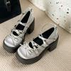Fashion Spring Mary Jane Single Shoes Round Head Shallow Bow Rivets A Line with Waterproof Platform Anti-slip Wear-resistant High Heels
