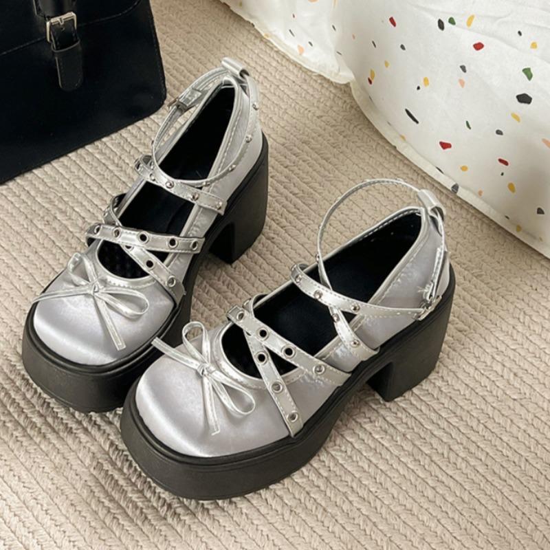 Spring Mary Jane Single Shoes Round Head Shallow Bow Rivets A Line with Waterproof Platform Anti-slip Wear-resistant High Heels