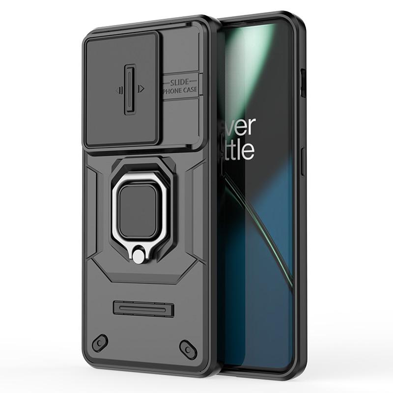

For OnePlus 11 5G Case Slide Lens Shield Ring Kickstand PC+TPU Phone Cover Black