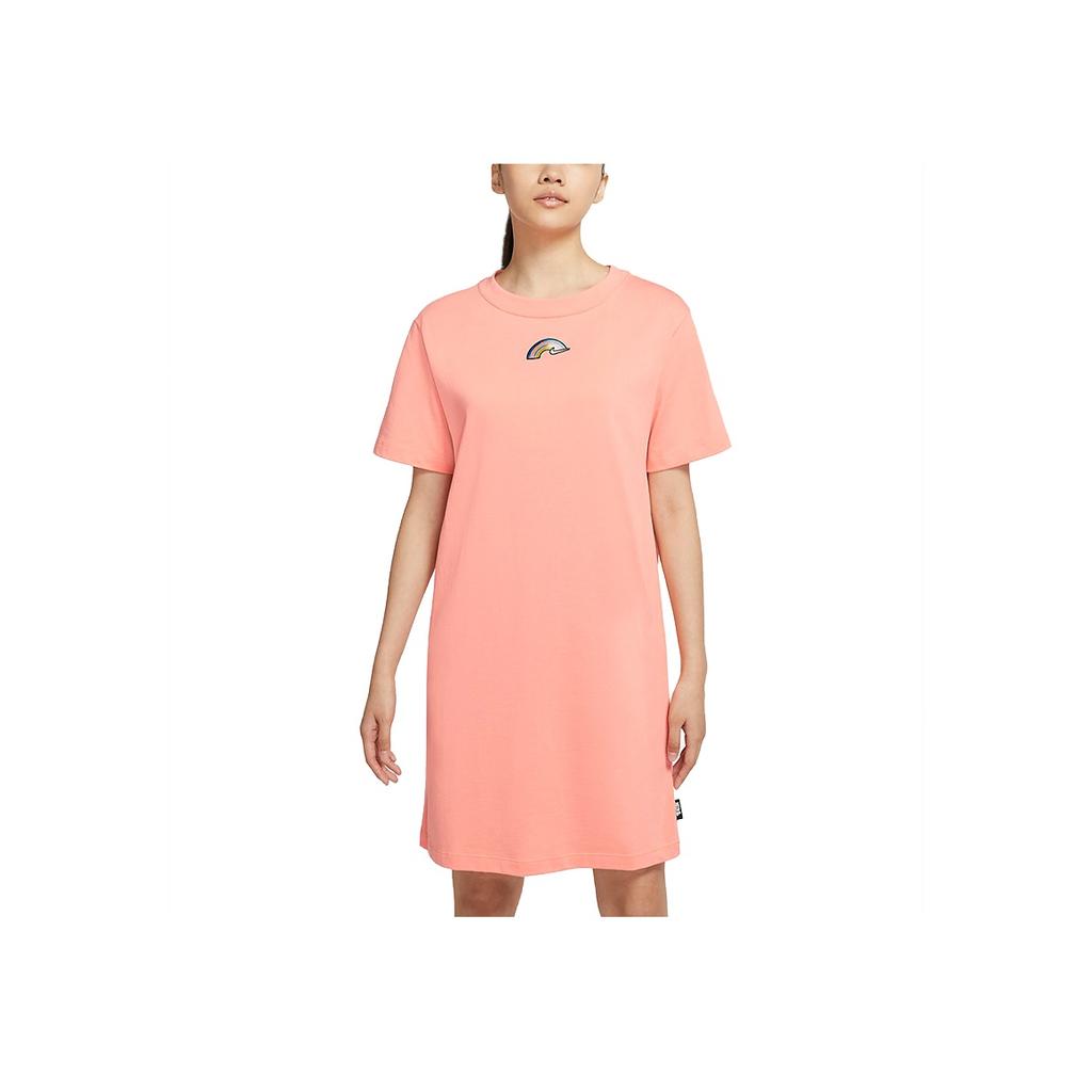 Nike Sportswear Rainbow Embroidered Color Block Logo Letter Print Round Neck Sports Knit Short Sleeve Dress Women Dresses Deep-Red DJ6202-641