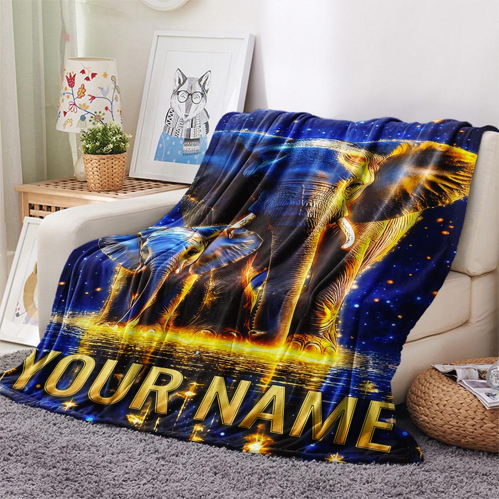 1PC Custom Name Neon Elephant Splash Patterned Flannel Blanket Suitable For All Seasons for Home Decor Warmth and Comfort Gifts Holiday Present_lx