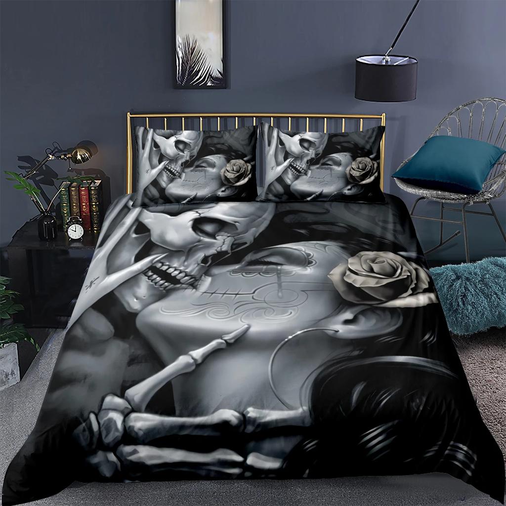 Skeleton King Queen Duvet Cover Skull Bedding Set For Kids Teens Adults Halloween Bedroom Decor Soft Comforter Cover Pillowcases