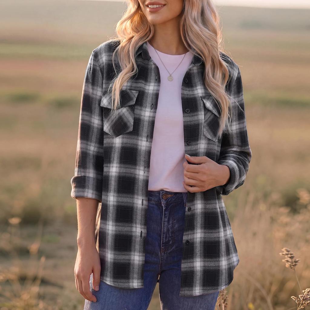 Women's Casual Plaid Long Sleeve Shirt Jacket with Lapel Collar for Everyday Wear