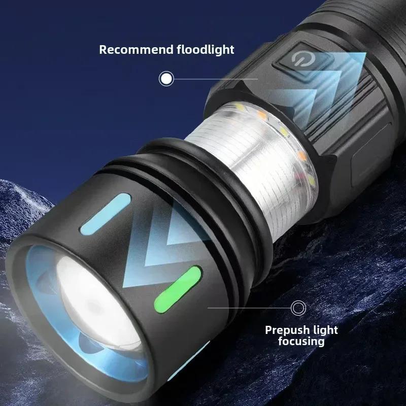 Super Bright 7070 LED Flashlight USB Rechargeable Tactical Zoom Flashlights with Red Yellow White Blue Light Spotlights Torch