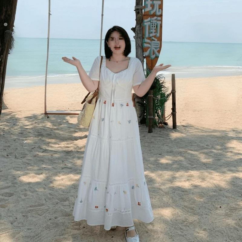 Large size fat mm summer new gentle and sweet embroidered dress fashionable square collar waist long dress women