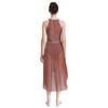 Womens Lyrical Dance Dress Sleeveless Asymmetrical Hem Sparkling Rhinestones Ruched Design Performance Gown
