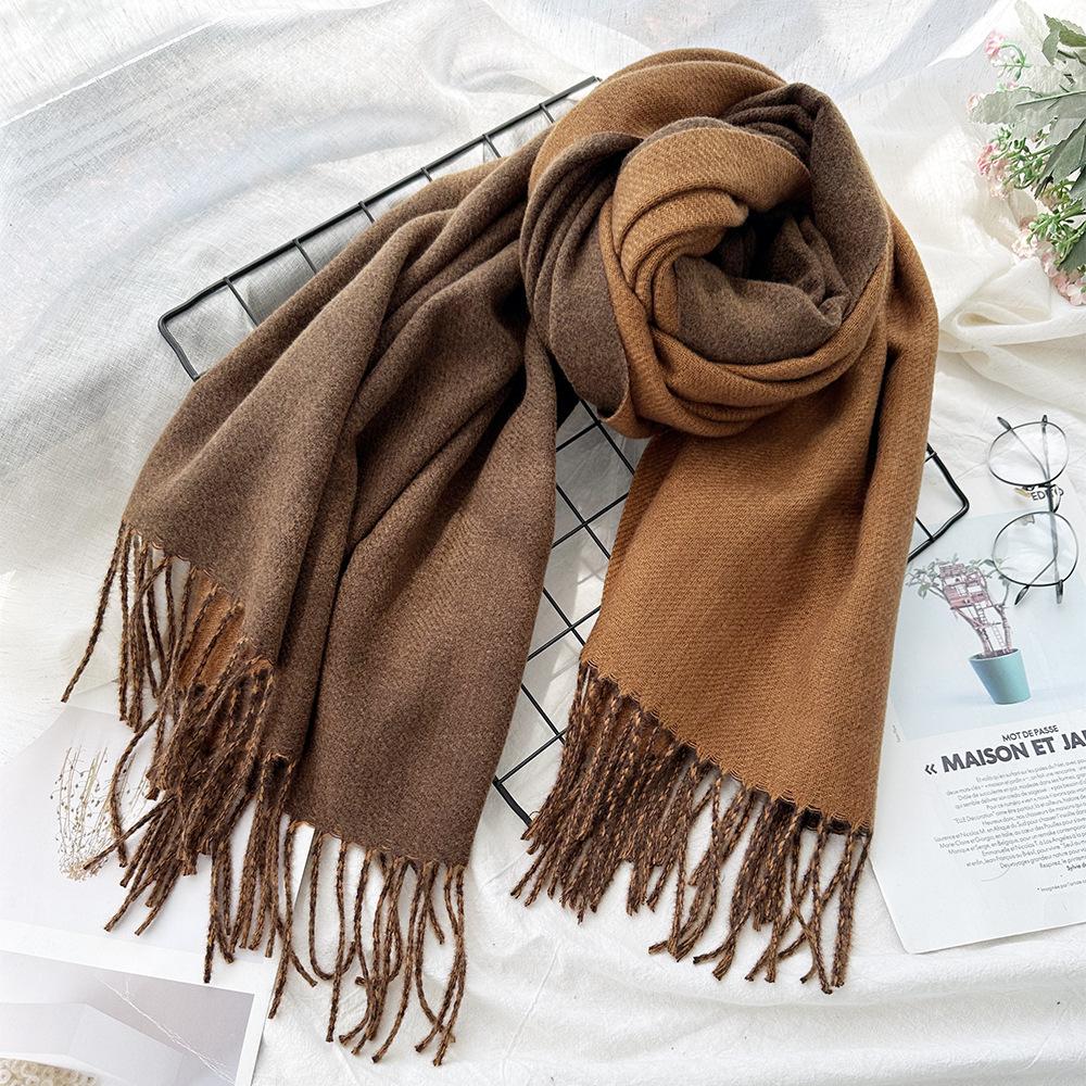 Double-sided heterochrome medium and long shawl women, high-end imitation cashmere scarf, winter atmosphere warm scarf