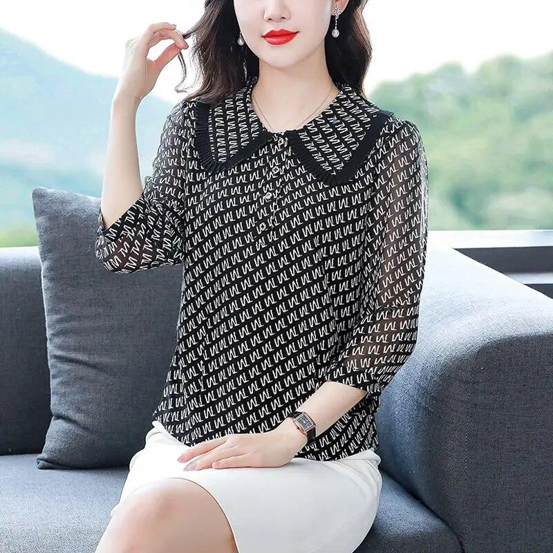 Mom's Fashionable 3/4 Sleeve Blouse Doll Collar Chiffon Shirt Women's Spring Autumn New Bottoming Top M-4XL
