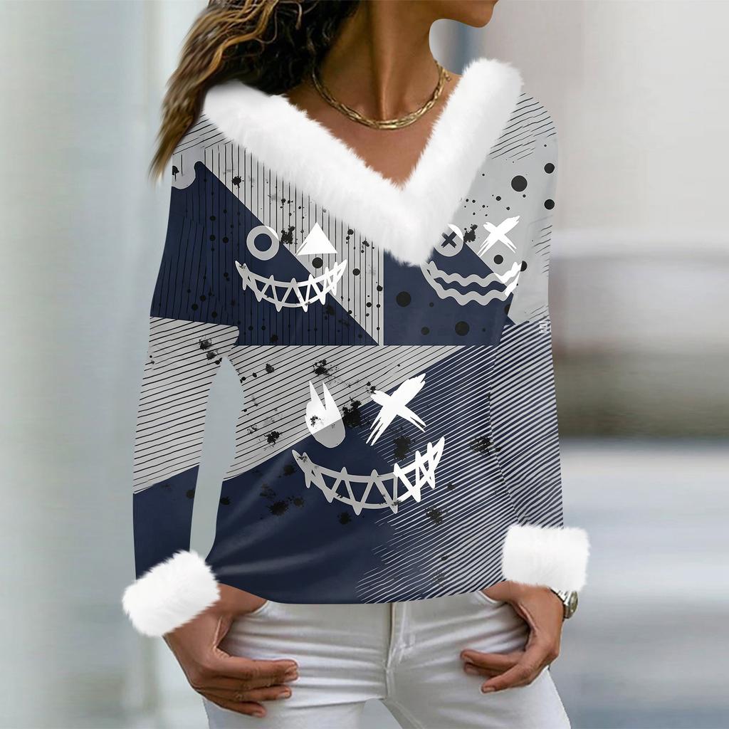 Women's Casual Long Sleeve V-Neck Halloween Print Top with Collar for Fall