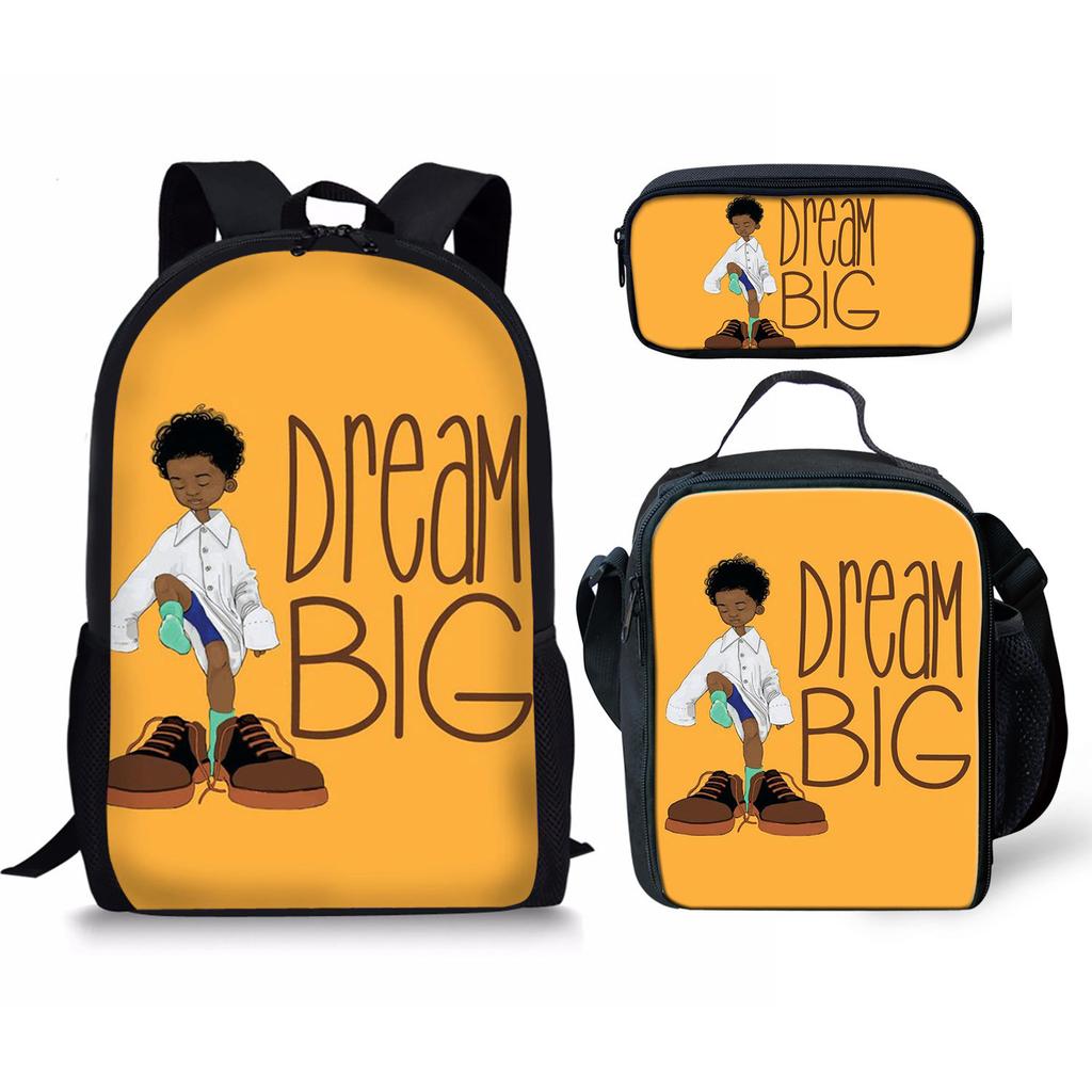 Cartoon Popular New black African boy 3D Print 3pcs/Set Student School Bags Laptop Daypack Backpack Lunch bag Pencil Case