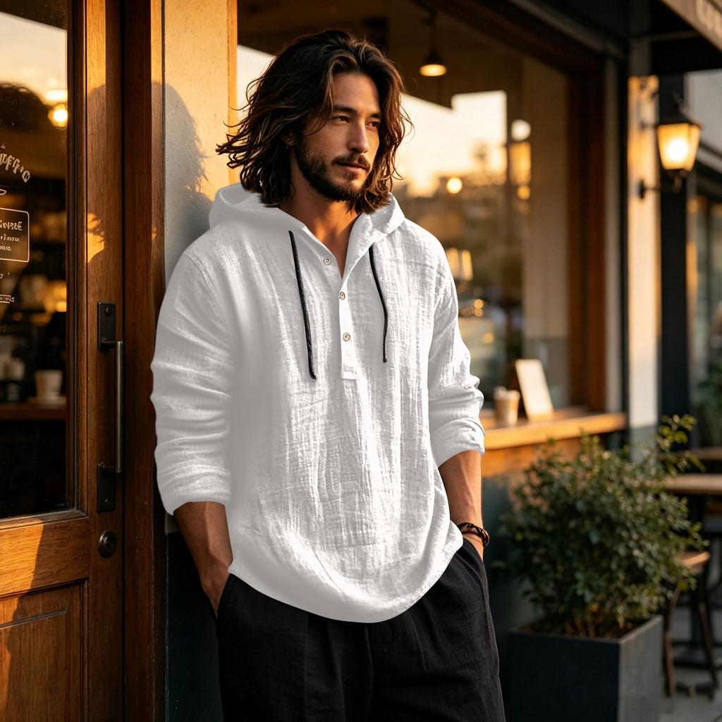 Men's Linen Cotton Hoodie Long Sleeve Casual Pullover