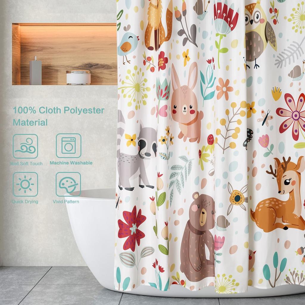 Cute Forest Animals Shower Curtain Fox Rabbit Bear Deer Owl Cartoon Design Kids Bathroom Decor Waterproof Fabric Fun Art Home