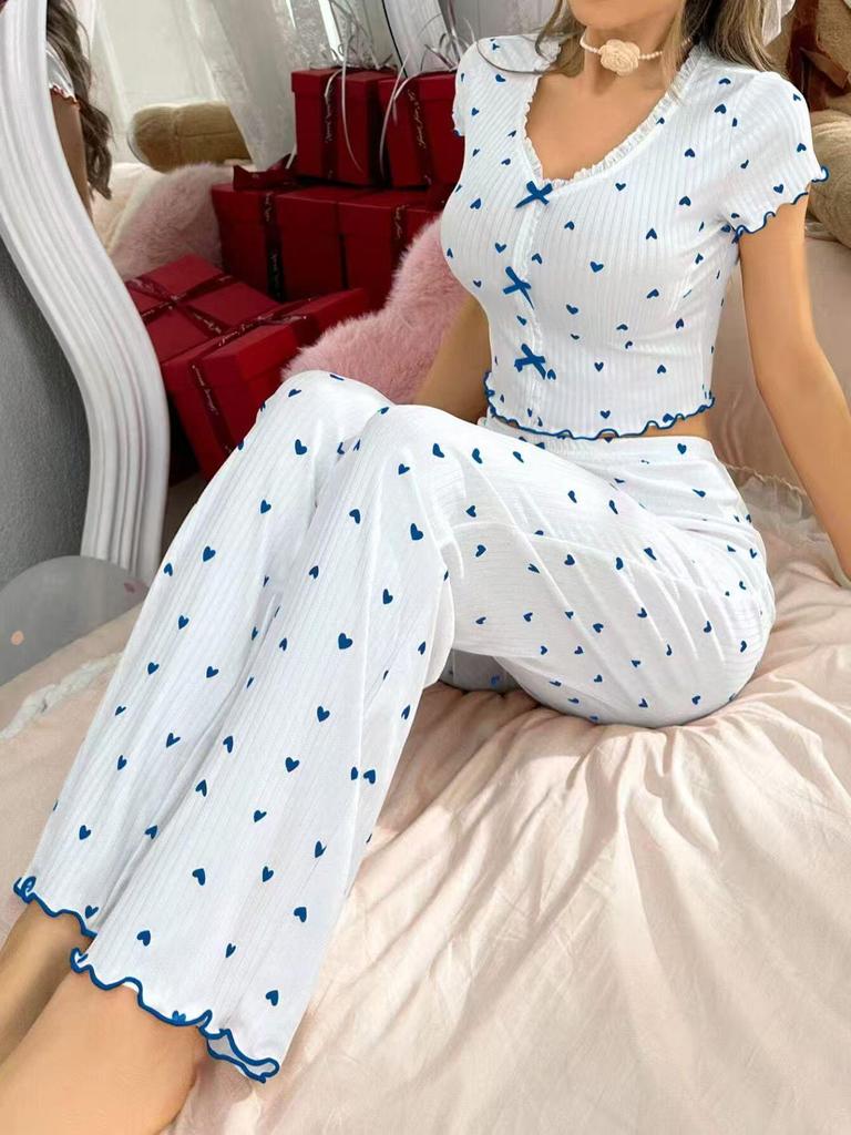 Heart Print Women’s Pajama Set: Stylish European & American Design, Wearable Outdoors, Long Pants, Two-Piece