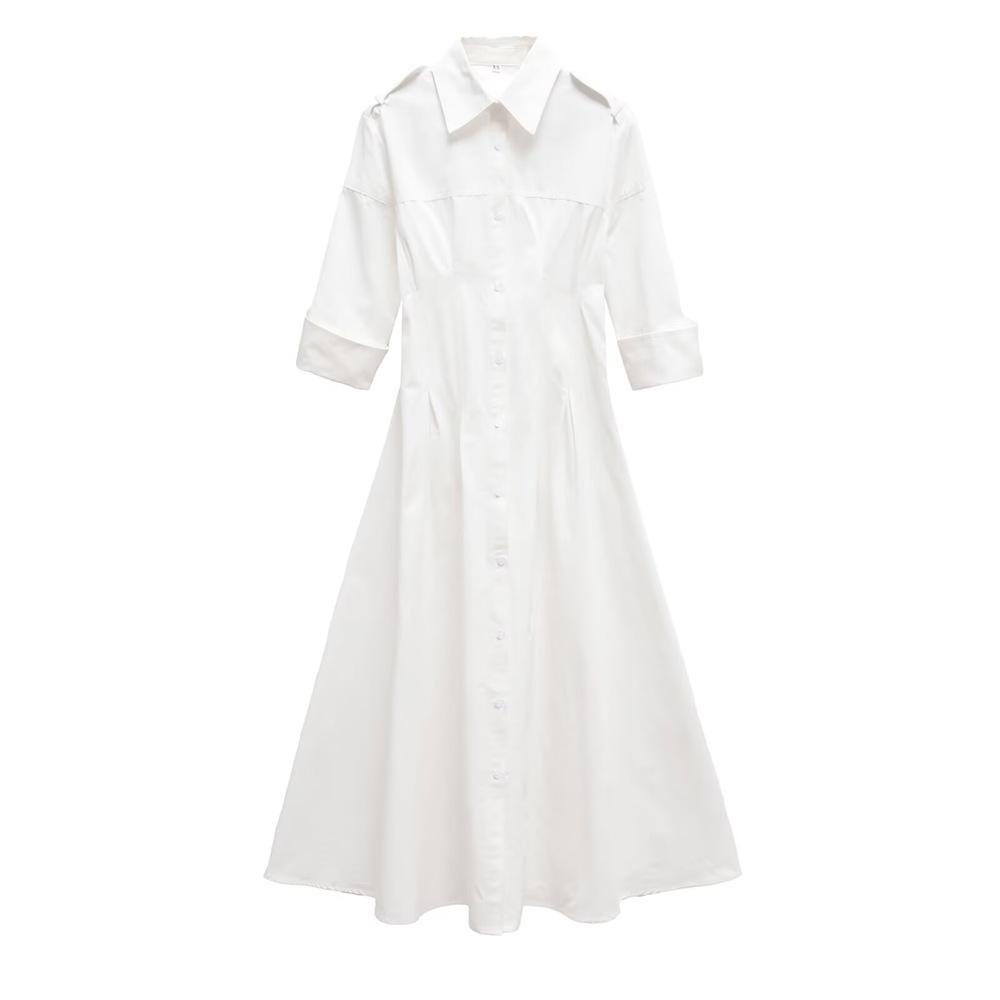 

Spring 2025 Women s Simple Midi Shirt Dress with Turn-Down Collar and Short Sleeves Small белый