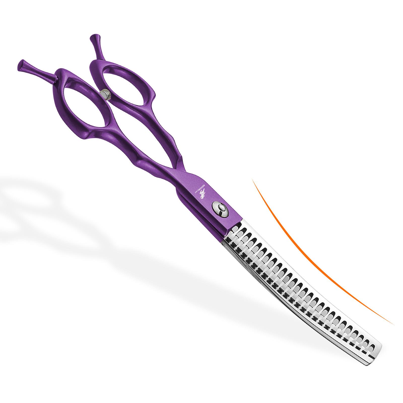 6.5-Inch Meideng handle, semi-purple fishbone curved tooth scissors, curved scissors, pet trimming scissors, thin scissors, curved teeth. 6.5inch half purple fishbone curved teeth