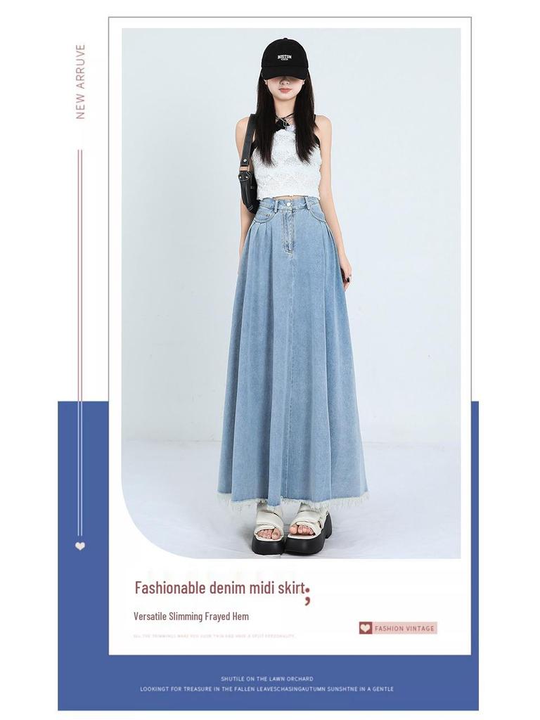 Hong Kong Retro Literary Denim Midi Skirt: Women's 2025 High-Waist A-Line Umbrella Design for Spring/Summer