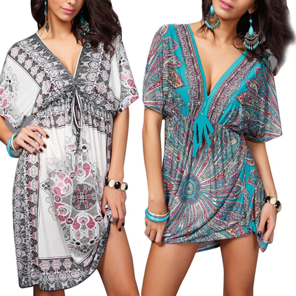 Printed Drawstring V-Neck Dress