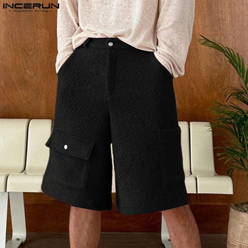 INCERUN Men Zip-up Waist Furry Casual Loose Shorts Half Pants