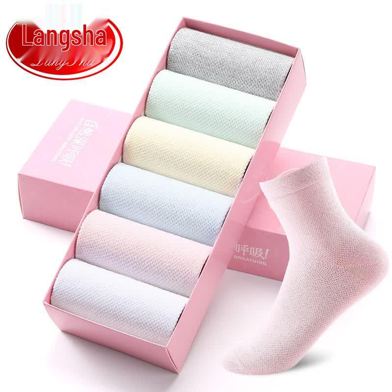 Langsha Women's Pure Cotton Mesh Mid-Tube Socks