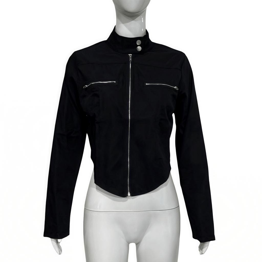 Women S Street Style Cropped Irregular Hem Zip Up Stand Collar Jacket