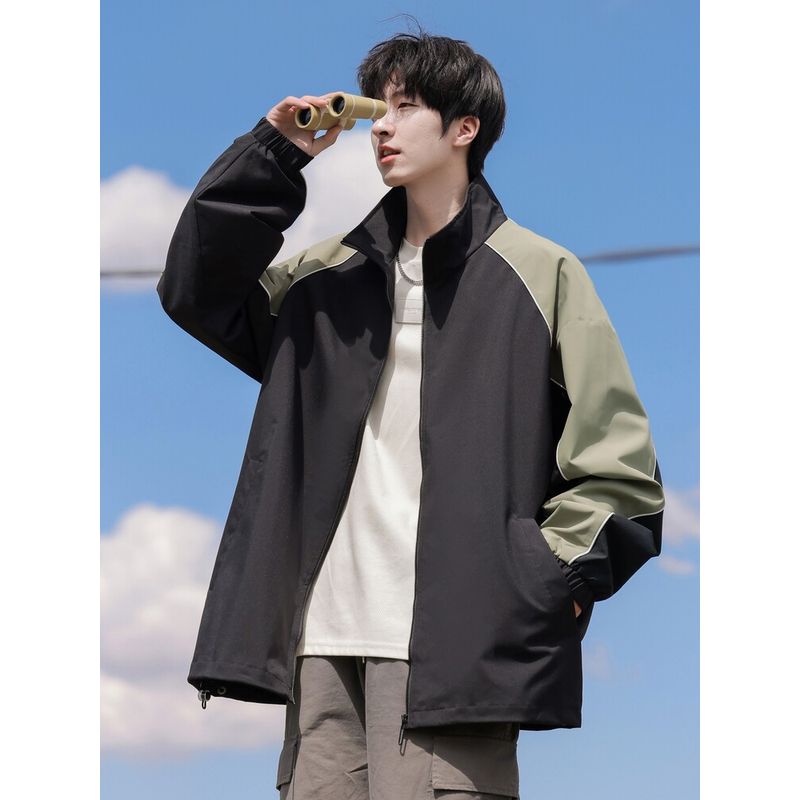 Wassup American-Style Autumn Stand-Up Collar Jacket for Men, Spring and Autumn Thin Casual Color-Blocking Patchwork Couple's Jacket Top