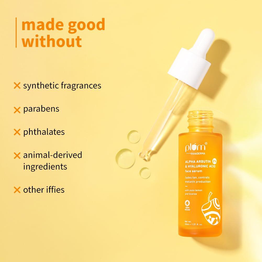 Plum 2% Alpha Arbutin & Hyaluronic Acid Face Serum 30 ml Pack | Brightens Skin | Fades Tan | Hydrating Serum