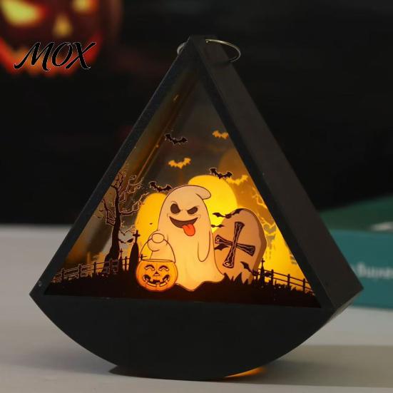 Halloween Gift for Kids Triangle LED Lantern, Tumbler Shape Night Light with Witch Ghost Paper Carving Silhouette Lights Pumpkin, Battery Operated