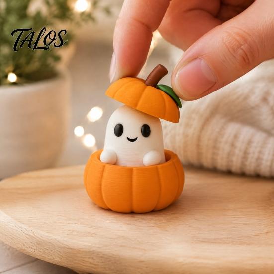 Small Ghost Ornament 3D Printed Pumpkin with Removable Figurine, Creative Halloween Desktop Miniature Figurine Decoration, Cute Statue for Home Office