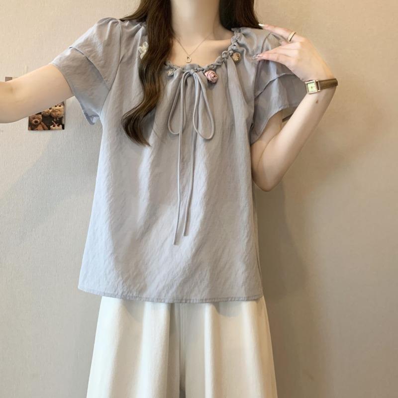 Women's Three-dimensional Flower T-shirt Loose Round Neck Bow Tie Design Ladies T-shirts Summer Daily Comfortable Famale Pullover Top