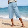 Pantaloni Capri da Donna a Colore Unico in Cotone e Lino, Vestibilità Larga, con Cintura e Tasche Multiple Anteriori e Posteriori