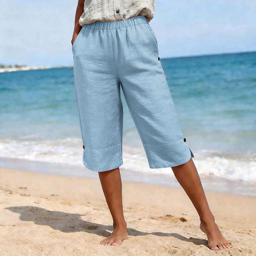 Pantaloni Capri da Donna a Colore Unico in Cotone e Lino, Vestibilità Larga, con Cintura e Tasche Multiple Anteriori e Posteriori