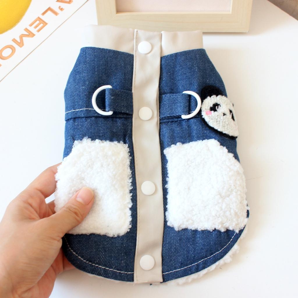 Dog cat clothes autumn and winter thick panda denim cotton-padded jacket velvet warm autumn winter clothing leash dog clothes