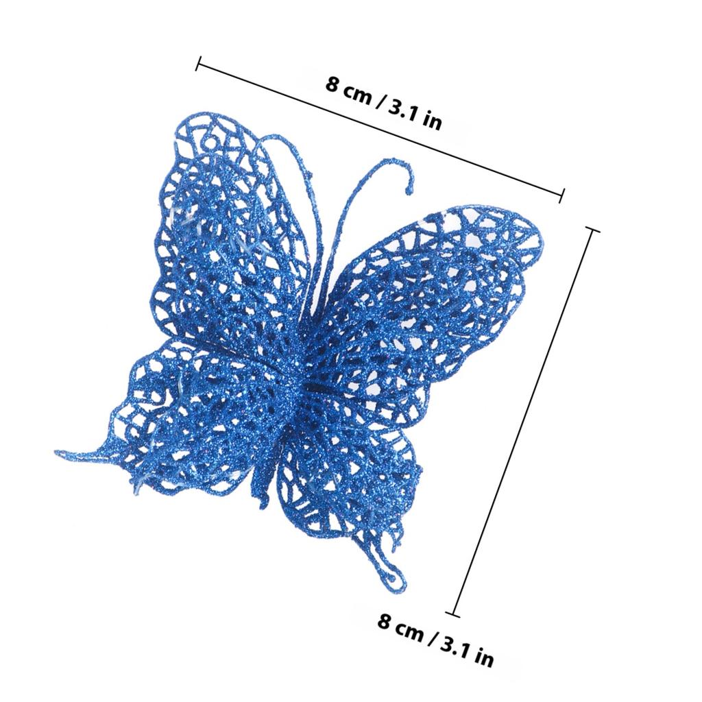 6pcs Sparkling Butterfly Flower Christmas Tree Drop Ornaments 8cm Butterfly Bows Gift Wraping Bowknot Ribbons Wedding Decoration