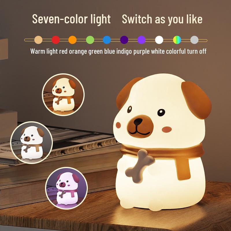 Adorable Rechargeable Silicone Puppy Night Light - Tap-Activated LED Bedside Lamp with Feeding Mode