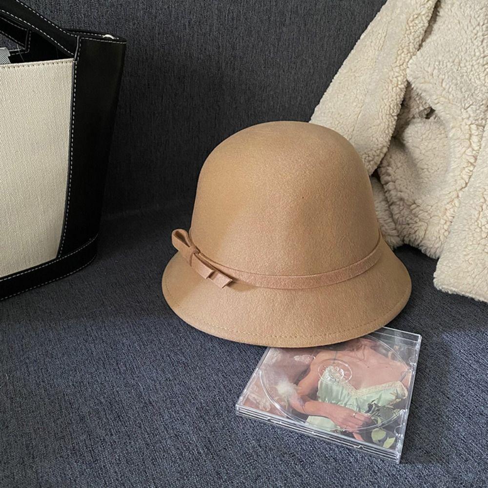 Wealthy Heiress Style Bowknot Bucket Hat Hepburnesque Felt Formal Hat Elegant Streetwear