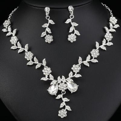 GemChic Damski Nowy Wykwintny Stop Gałązka Kwiat Kryształ Rhinestone Krople Naszyjnik Kolczyki Dwuczęściowy Zestaw Biżuteria Urodzinowa Boże Narodzenie Prezent