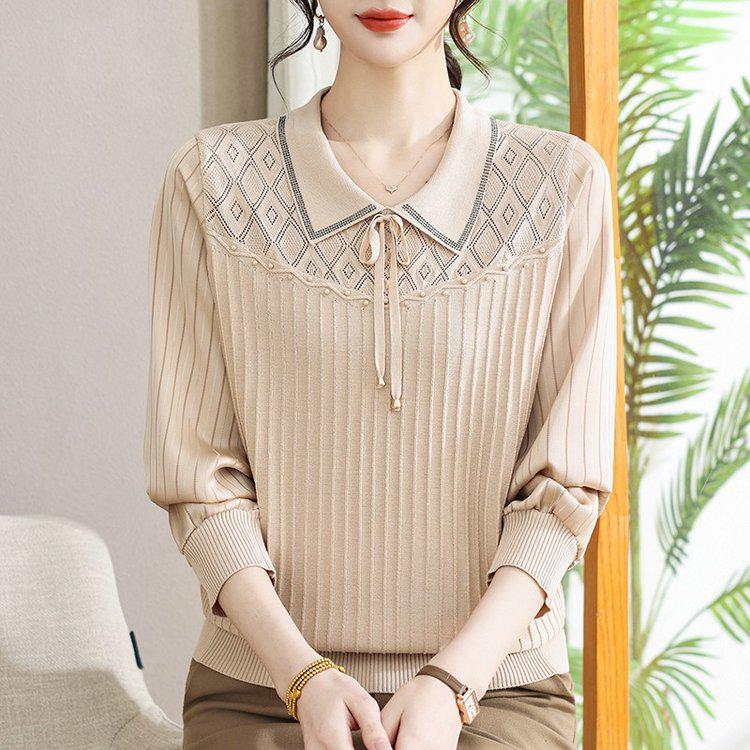 Elegant Retro-Style Women's Knit Top with Lapel Design - Fashionable and Casual for Spring and Autumn