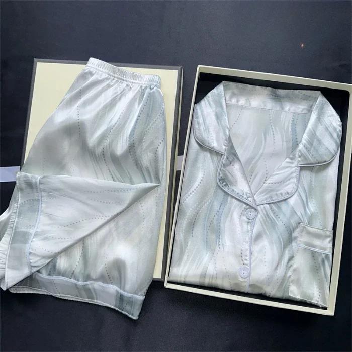 2 Pezzi Stampa Indumenti da Notte Raso di Seta Sintetica Pigiami Moda Casual Pigiama Donna Set Pigiama con Pantaloncini Abiti Pittura a Inchiostro