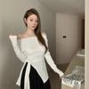 MR [Tmall Quality] One-word Shoulder T-shirt Women's Autumn Sweet Hottie Off-shoulder Waist Slim Strap Split Top