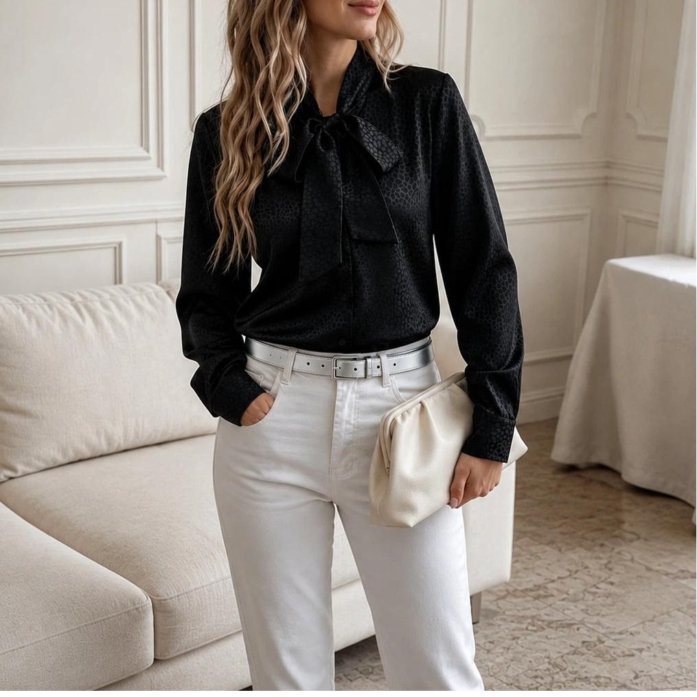 Women Ribbon Spot Satin Long Sleeve French Style Elegant Blouse