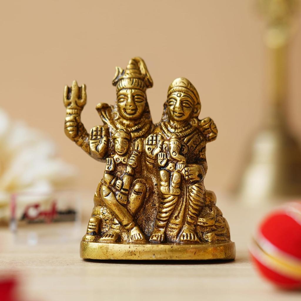 Golden Brass Shiv Parivar Murti, Ganesha Kartikeya Shiva Parvati Idol, Brass