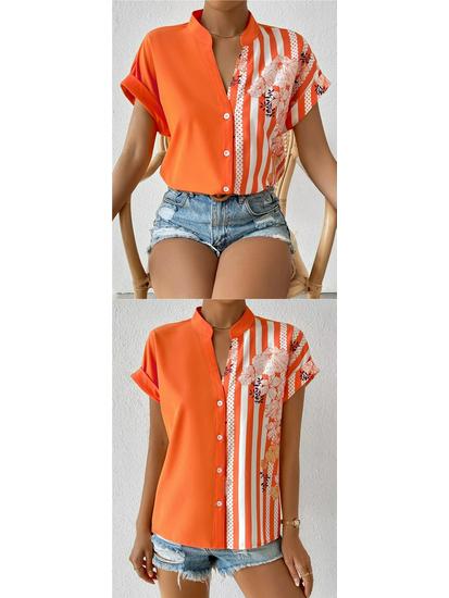 Damen Sommer Color Block Floral Knopf Strickjacke Hemd