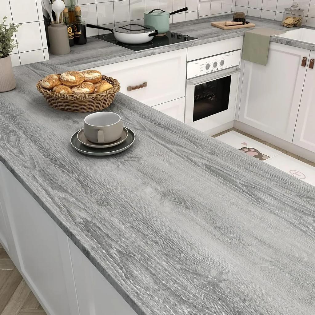 Lățime 60/80CM Imitație Tapet Impermeabil Autocolant de Perete Removabil Autocolant Autoadeziv Decor Masă Dulap cu Imitație de Granule de Lemn de Stejar Gri