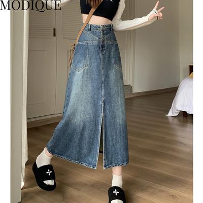 MODIQUE Frühling Plus Größe Neue Frauen Lose Vielseitig Hohe Taille Elastische Split Jeansrock Weibliche Vintage Casual A-Linie Rock