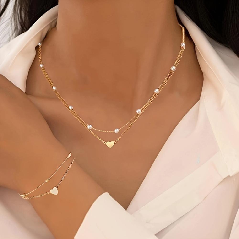Gold Silver Color Pearl Heart Jewelry Set Simple Exquisite Heart Pendant Necklace Round Beads Alloy Beaded Necklace золотой