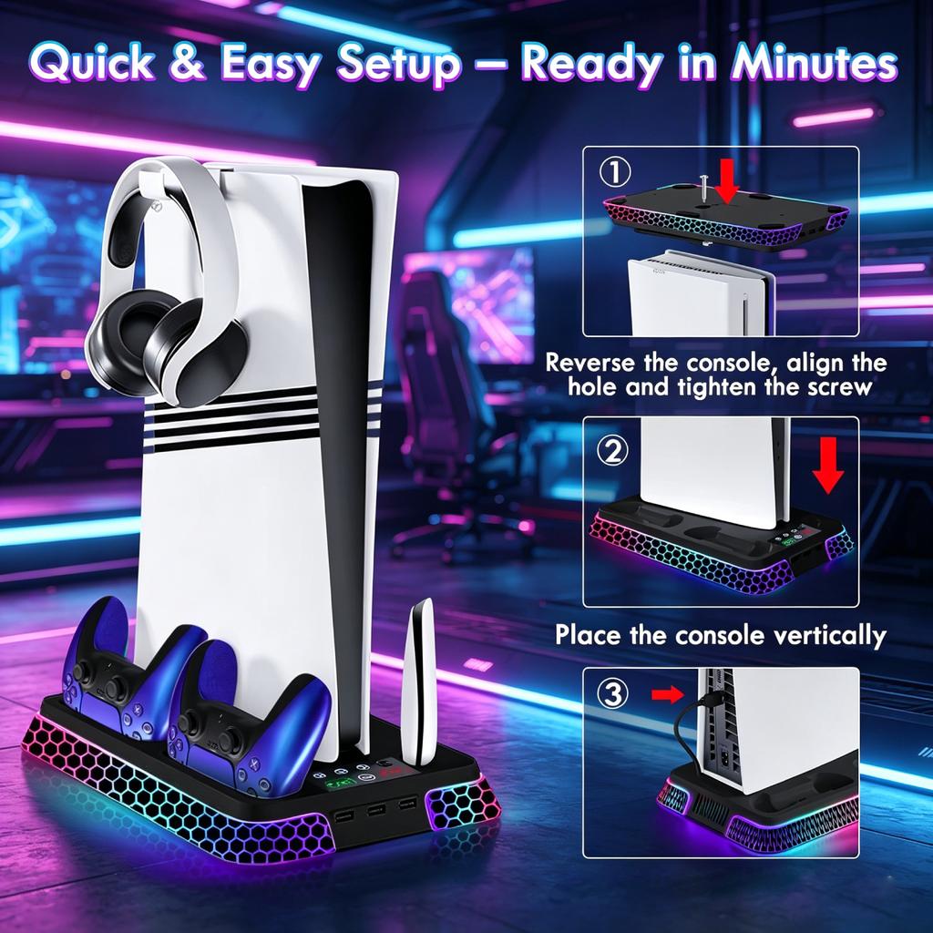 For All-in-One Cooling Stand Base PS5/PS5 Slim/PS5 Pro Model with RGB Lighting Effects Storage Function and Controller Base