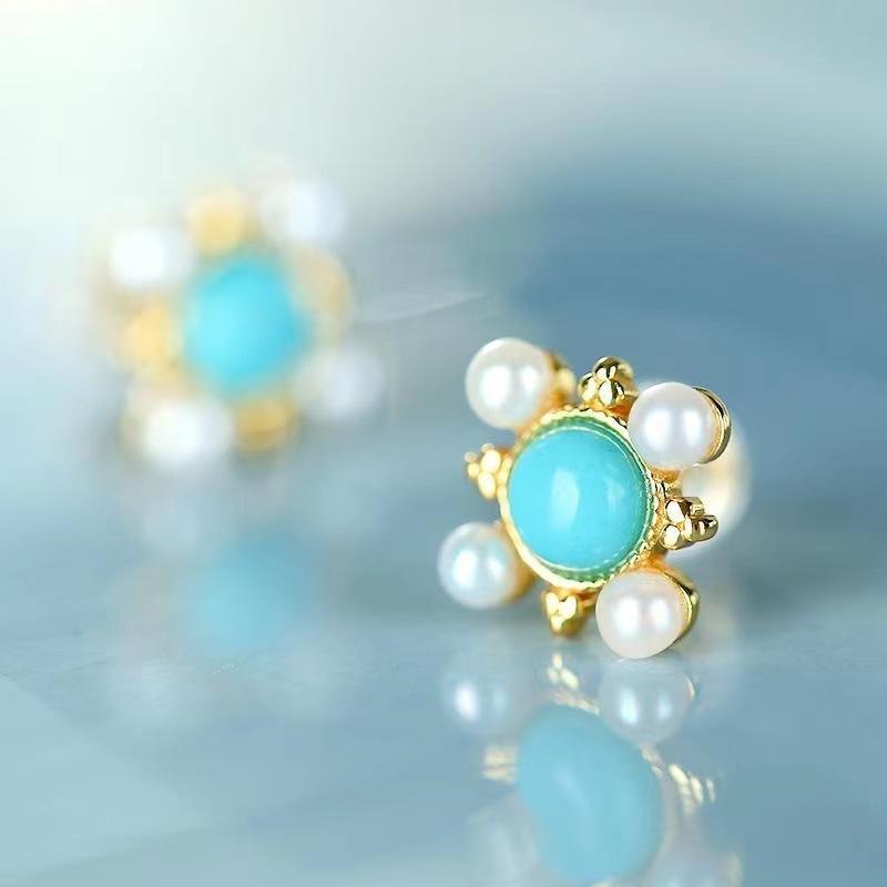Αρχαία χρυσή χειροτεχνία ένθετα σκουλαρίκια με τυρκουάζ και μαργαριτάρι για γυναίκες λουλούδια Σκουλαρίκια καρφάκια μόδα εξαίσια γαμήλια κοσμήματα